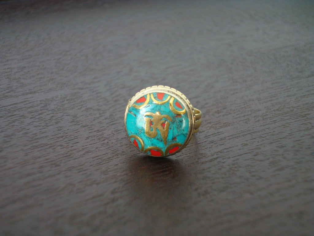Tibetan Turquoise & Coral Om Ring