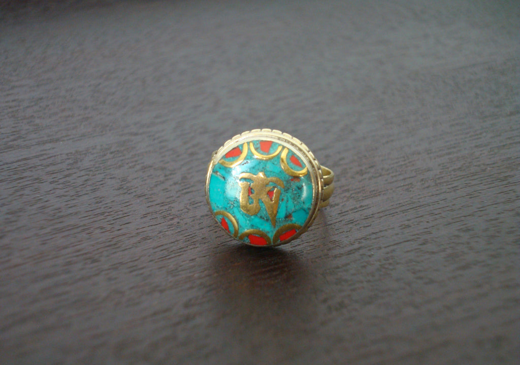 Tibetan Turquoise & Coral Om Ring