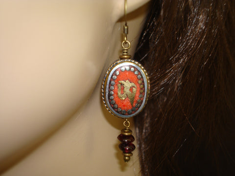 Women's Tibetan Coral Om Earrings