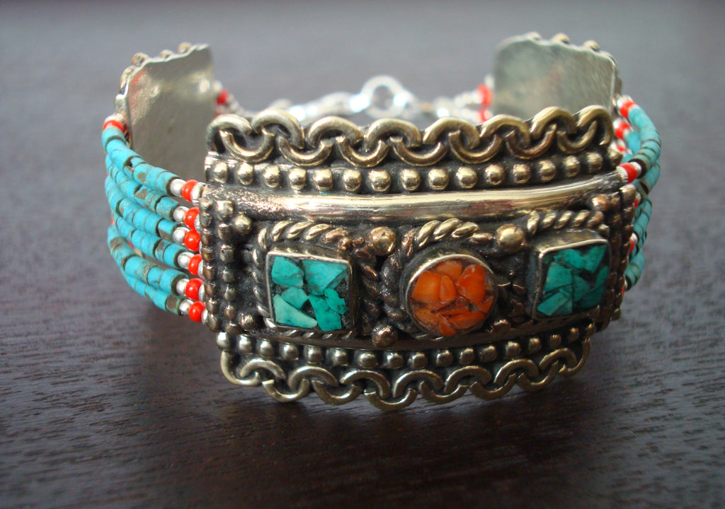 Tibetan Turquoise & Coral Bordered Bracelet