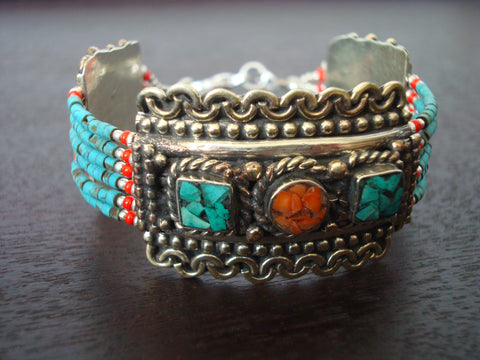 Tibetan Turquoise & Coral Bordered Bracelet