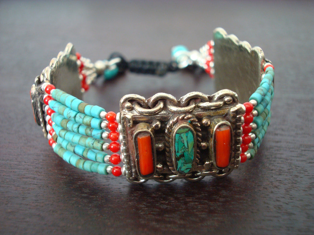 Tibetan Turquoise & Coral Adjustable Bracelet