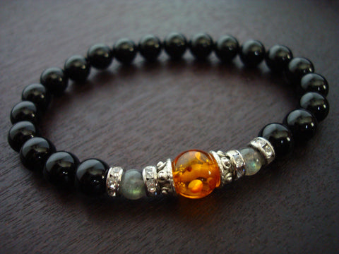 Women's Amber & Onyx Protection & Calm Mala Bracelet