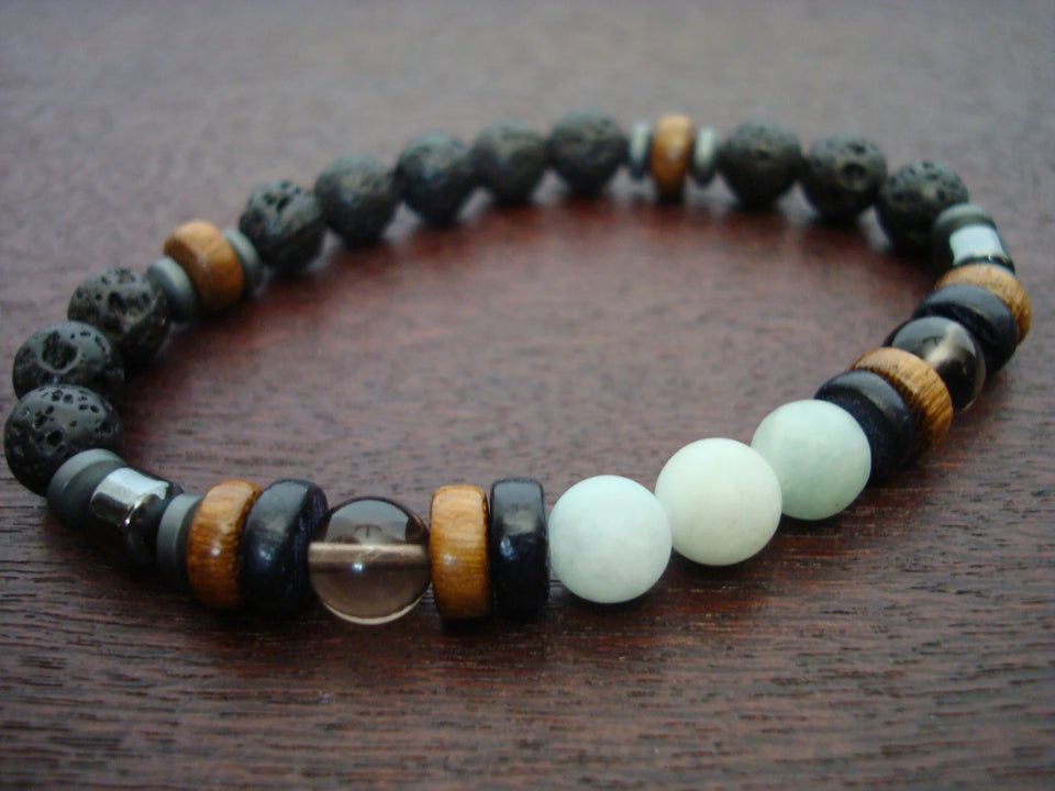 Men's Matte Aquamarine & Smoky Quartz Positivity & Good Luck Mala Bracelet