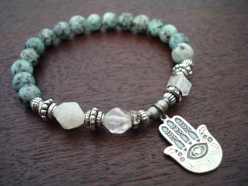 Women's Rose Quartz & Jade Heart Protection Mala Bracelet