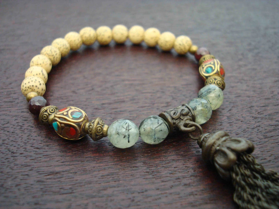 Women's Prehnite & Lotus Seed Tassel Mala Bracelet