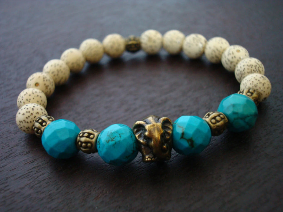 Women's Tibetan Turquoise & Lotus Seed Elephant Mala Bracelet