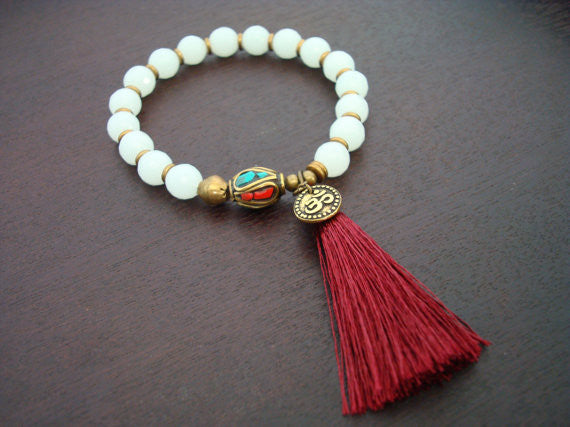 Women's White Jade Luck & Love Tassel Mala Bracelet