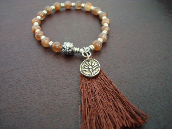 Women's Pink Sunstone Positive Energy Tassel Mala Bracelet