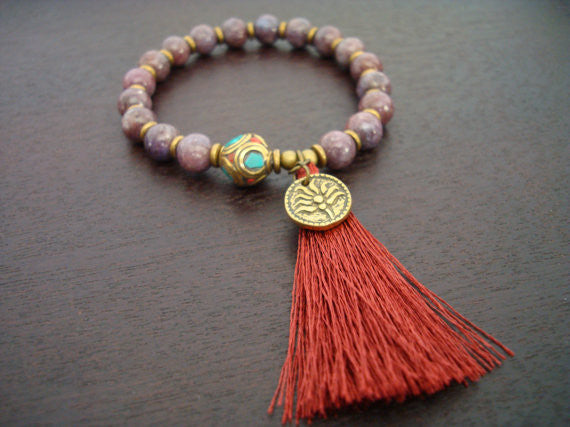 Women's Lepidolite Patience & Balance Tassel Mala Bracelet